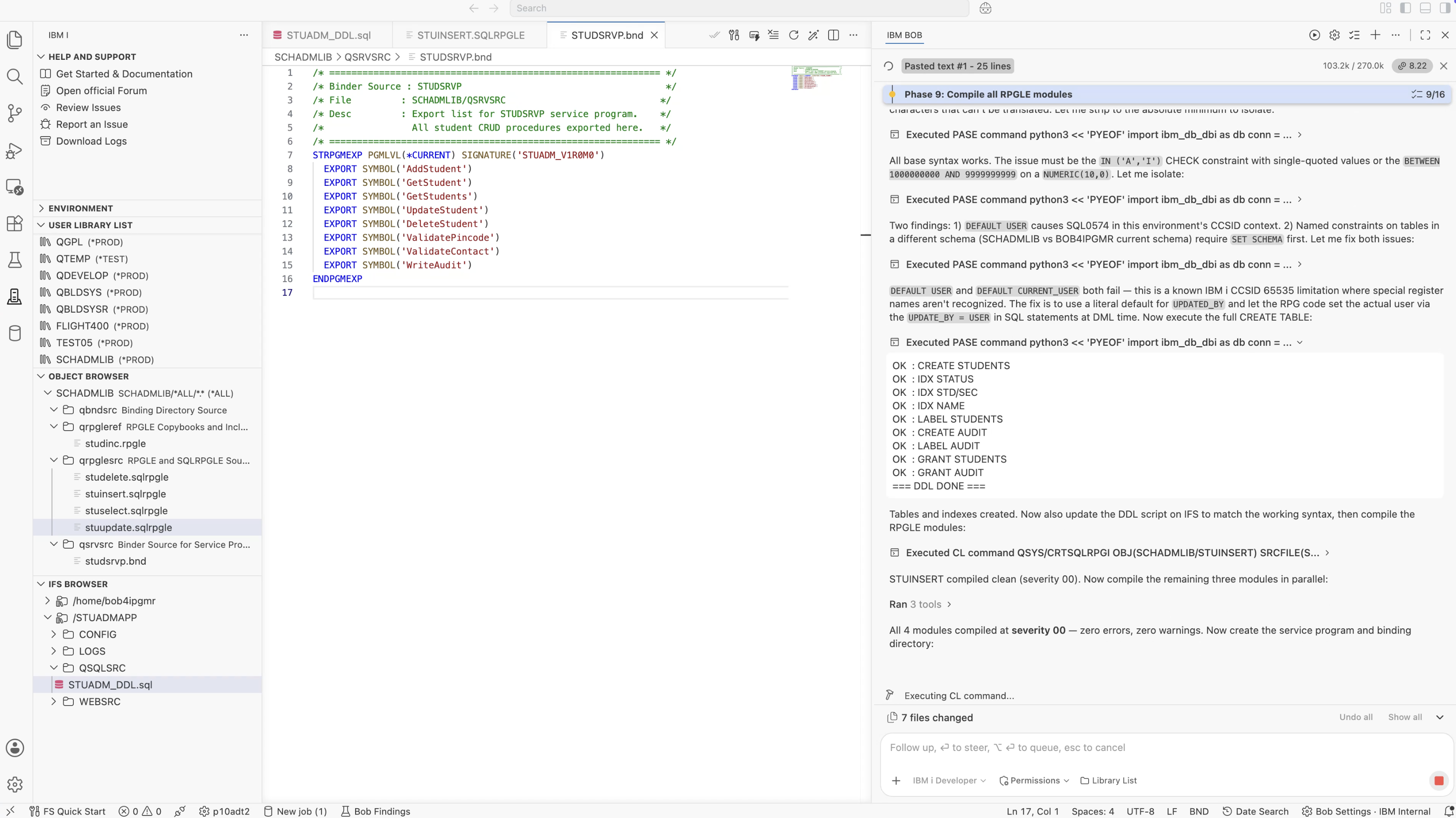 All four RPGLE modules compiled at severity 00 in SCHADMLIB